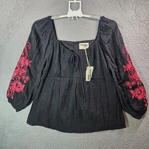 NEW Savanna Jane Top‎ Blouse Women 2X Off Shoulder Embroidered Sleeve Black